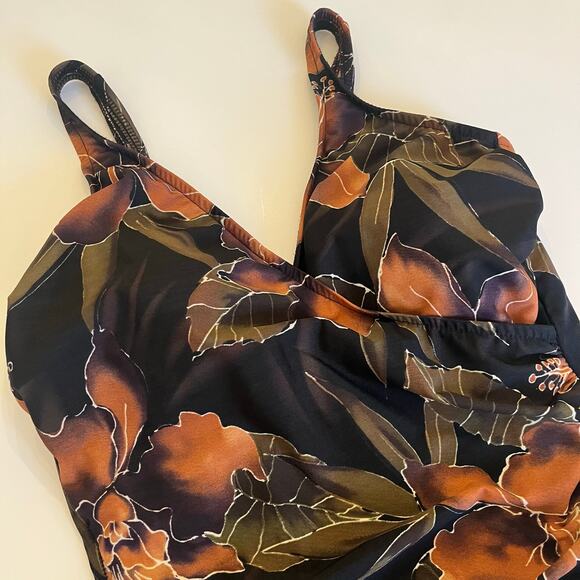 Miraclesuit One-Piece Bathing Suit 14 Black Tropical Ruched Shaping Support Swim - Picture 2 of 10